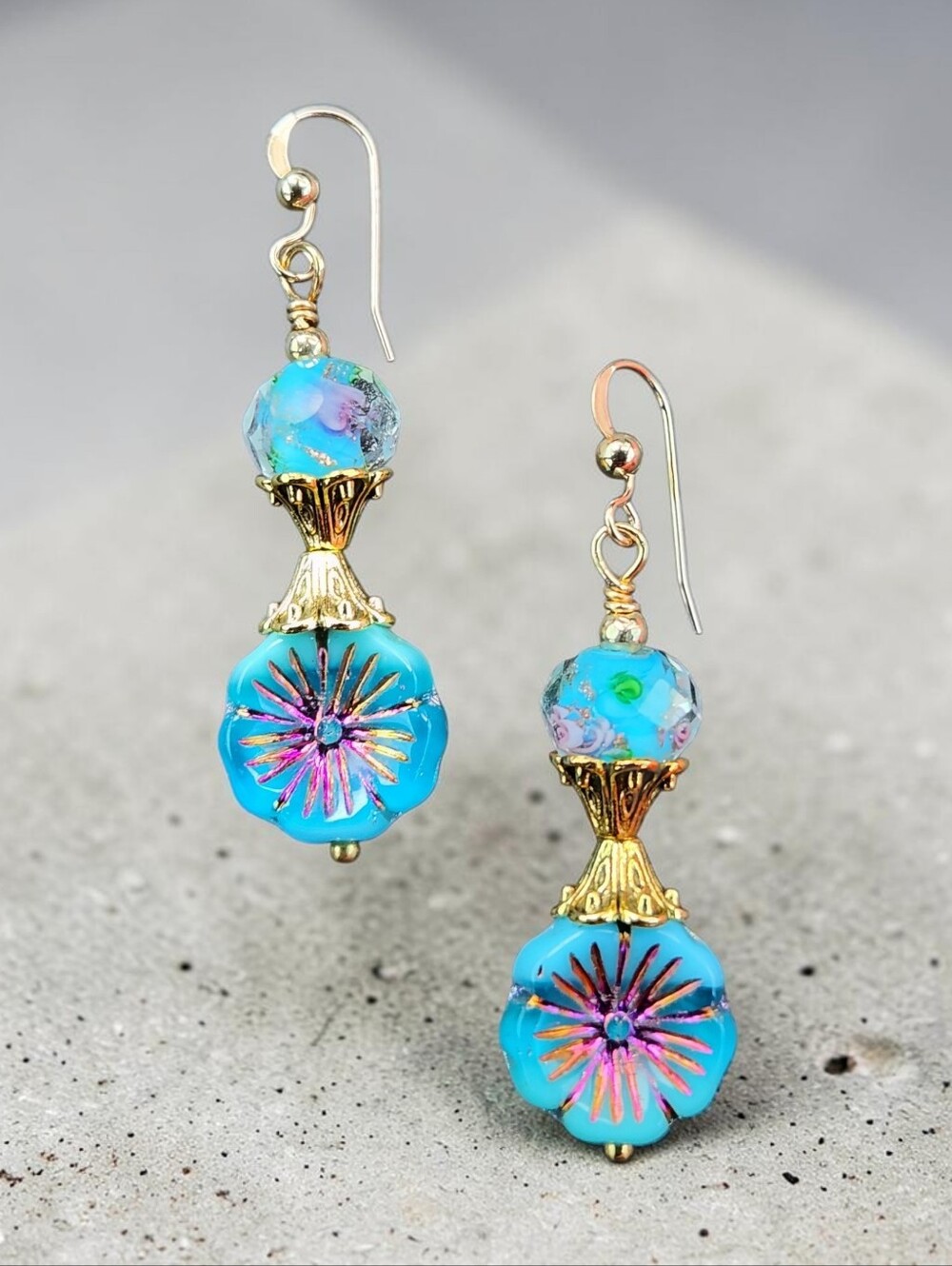 Gorgeous Handblown Turquoise Czech Glass With Purple Accented  Flower Beads